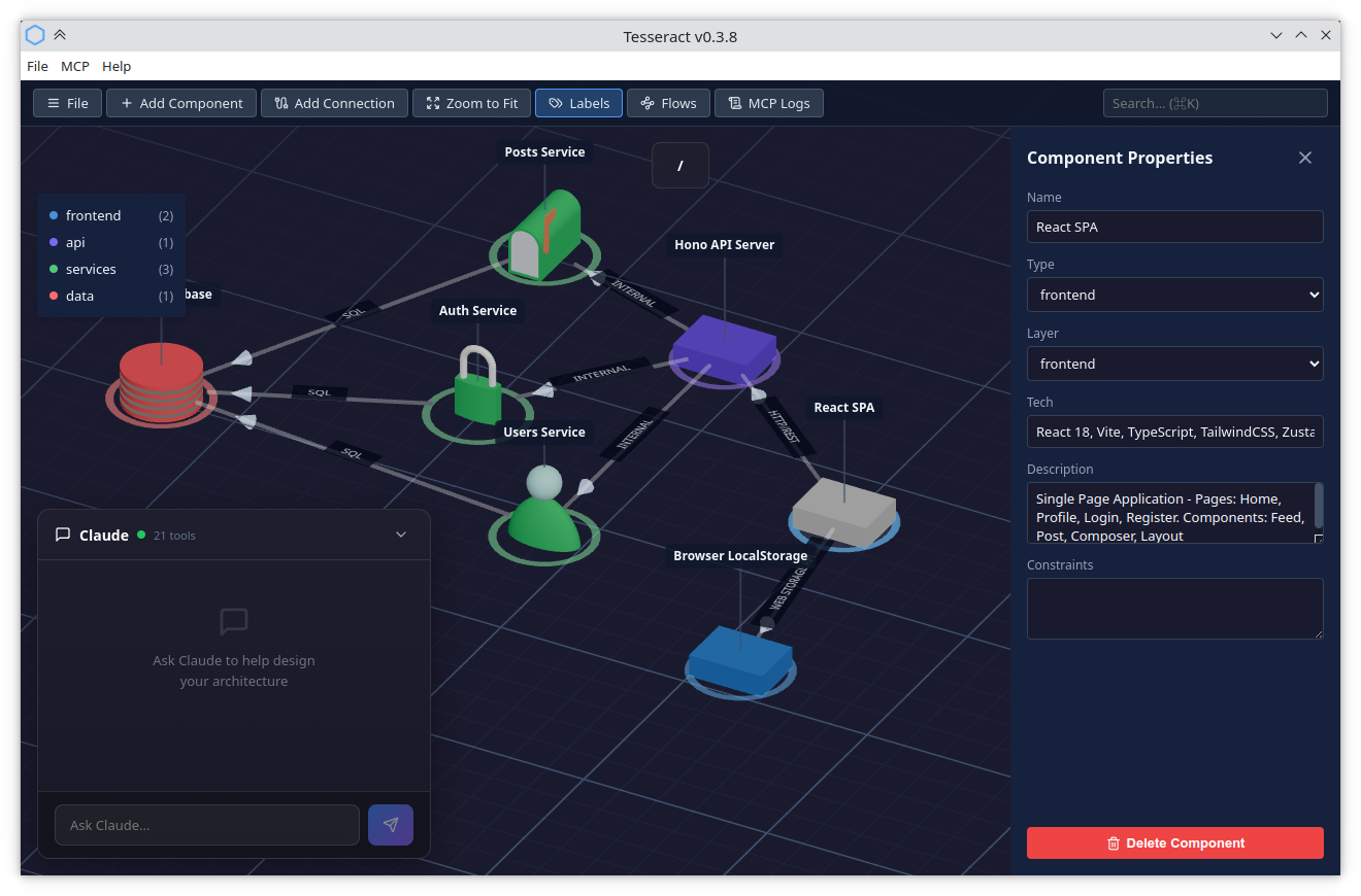 Tesseract editor showing the toolbar, 3D canvas with components and connections, layer legend, side panel, and Claude console